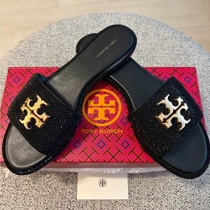 Tory Burch Black Leather Slide Sandals with Gold Logo Accent